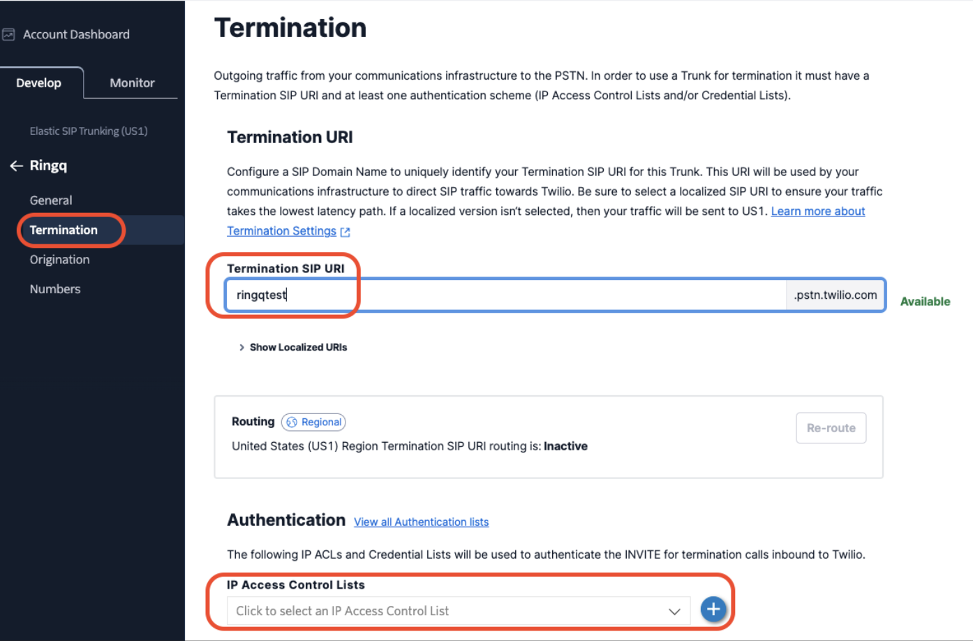 Select termination in Twilio.